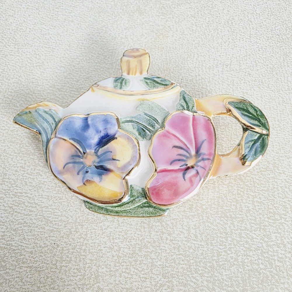 Vintage Floral Ceramic Teapot Brooch